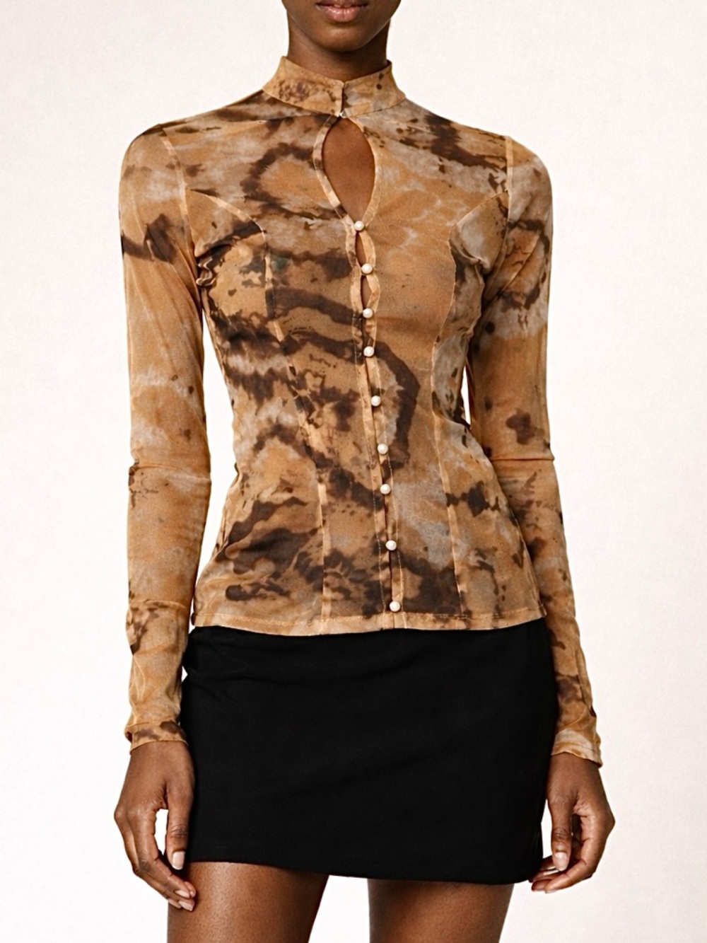 Kim Shui Mesh Print Pearl Top Sheer Qi Pao Collar Brown Size Small